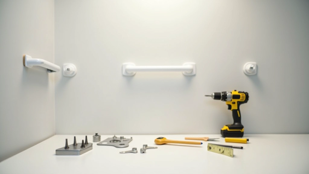Installation process showing drill, studs, anchors, and mounting brackets for securing grab bars to bathroom wall