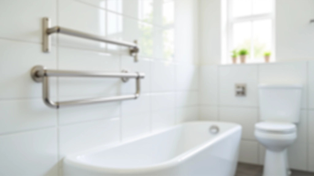 Modern bathroom with stainless steel grab bars installed near toilet and bathtub for safety