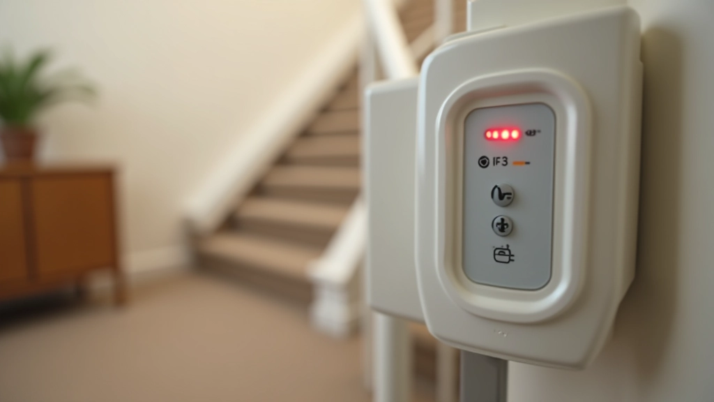 Close-up view of stair lift control panel with illuminated buttons and safety features