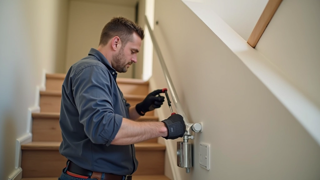 Professional technician installing stair lift rail system on wooden residential staircase