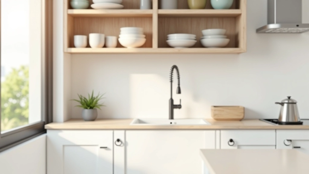 Open shelving in accessible kitchen showing dishes and glasses organized at eye level, with pull-out drawers and D-ring handles visible on lower cabinets, organized and bright