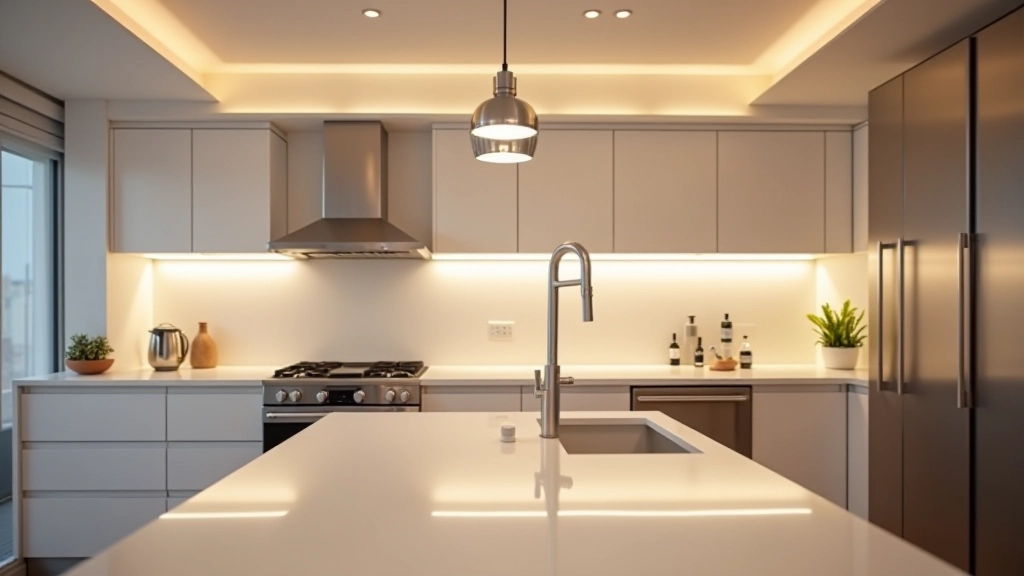 Kitchen with layered lighting showing overhead LED ceiling lights, under-cabinet task lighting, and pendant lights over island, creating bright and well-lit workspace