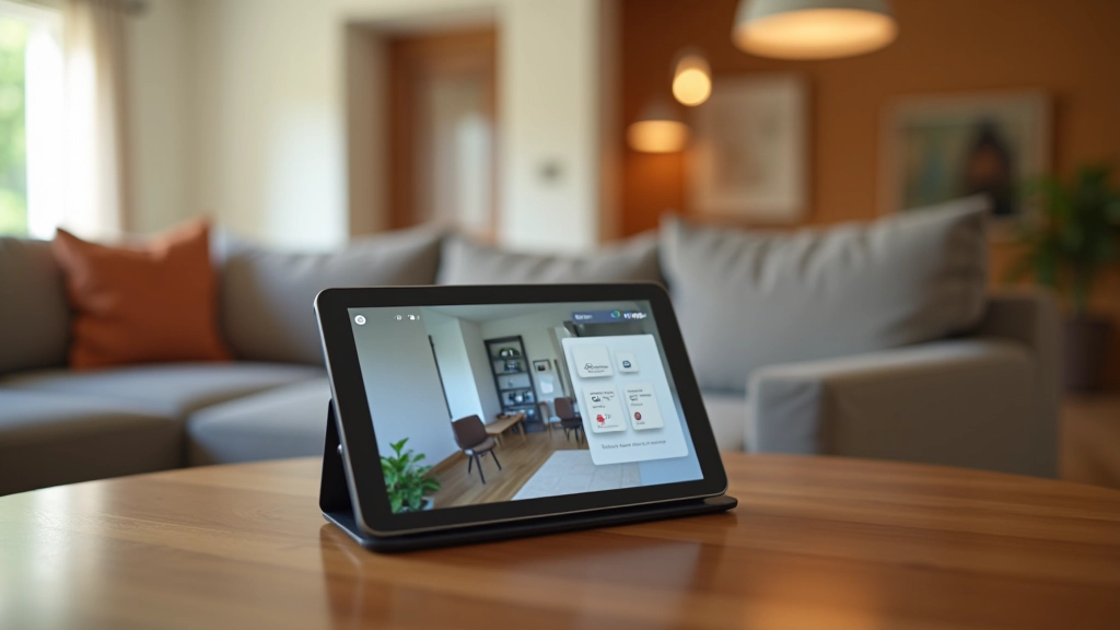 Modern tablet displaying smart home monitoring system with motion sensors and fall detection features