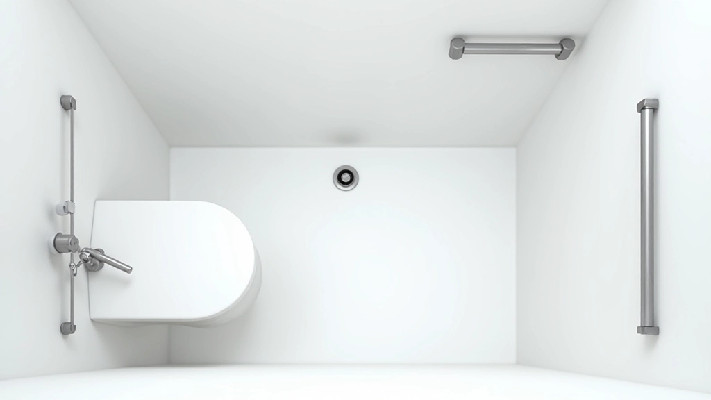 Bathroom layout diagram showing optimal grab bar placement near toilet, bathtub, and shower areas for safety