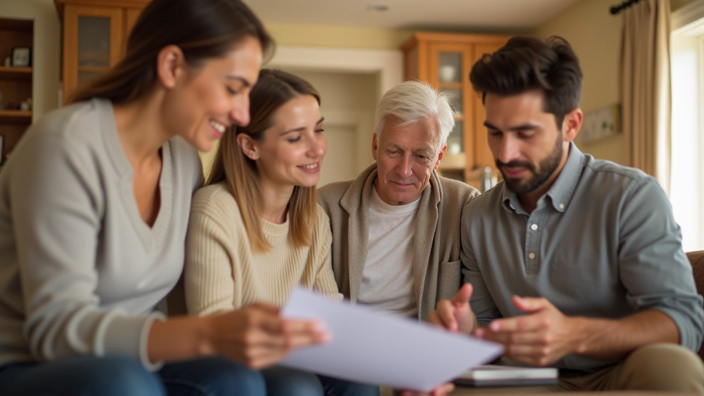 Family reviewing home safety modifications together at kitchen table with blueprints and tablet