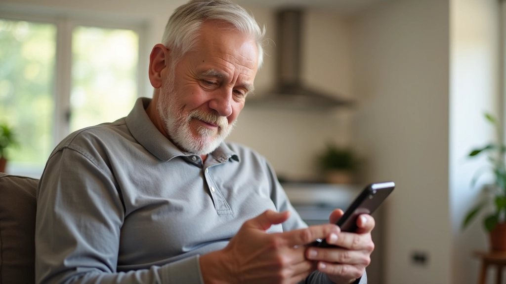 Older adult in home using smartphone to check smart home app with security camera feeds displayed on screen
