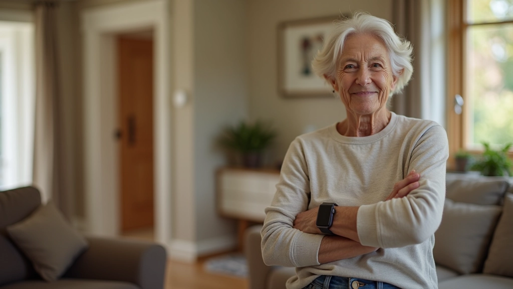 Senior adult in home wearing smartwatch device that connects to home monitoring system with living room in background