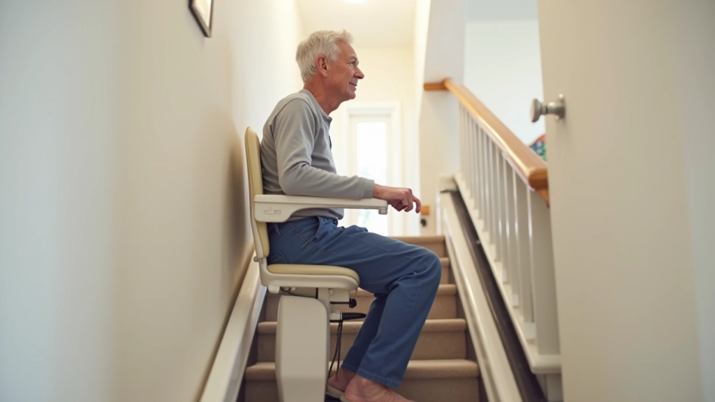 Senior person using modern stair lift on residential staircase safely and independently