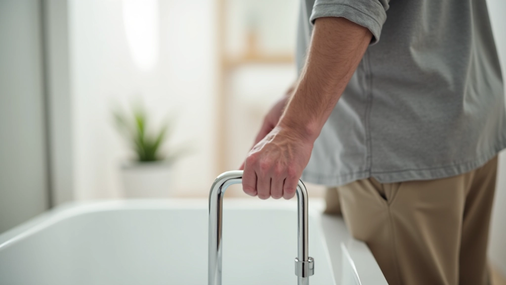 Senior person safely holding grab bar while stepping into modern accessible bathtub with confidence