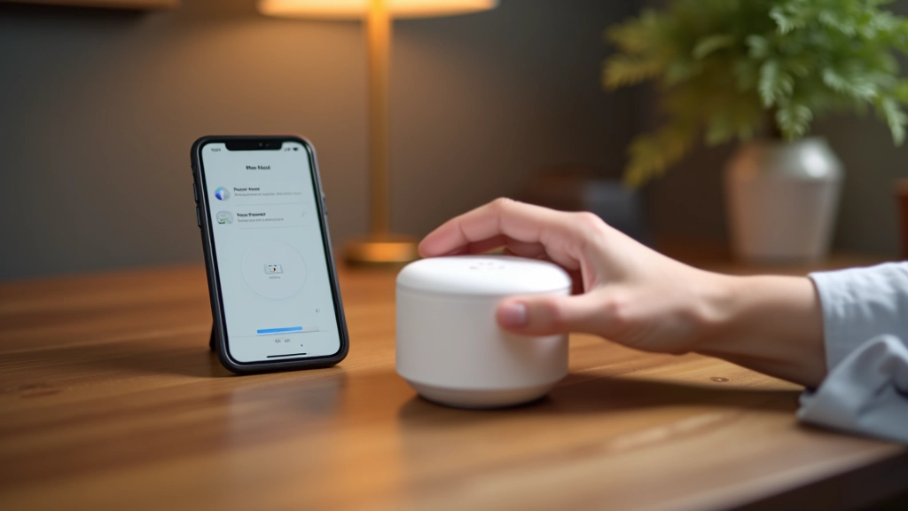 Adult hands setting up smart home hub device on wooden table with smartphone nearby showing connected devices app