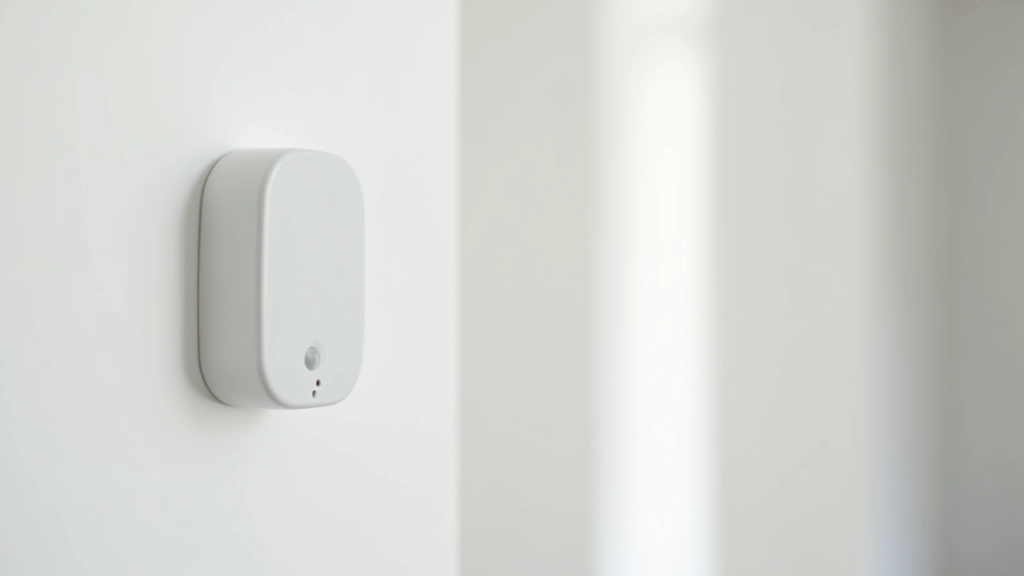 Close-up of white motion sensor device mounted on wall in modern hallway with clean minimalist design